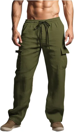 Casual Cargo Pants for Men Elastic Waist Drawstring Workout Gym Pants with Pockets Loose Fit Comfy Sweatpants