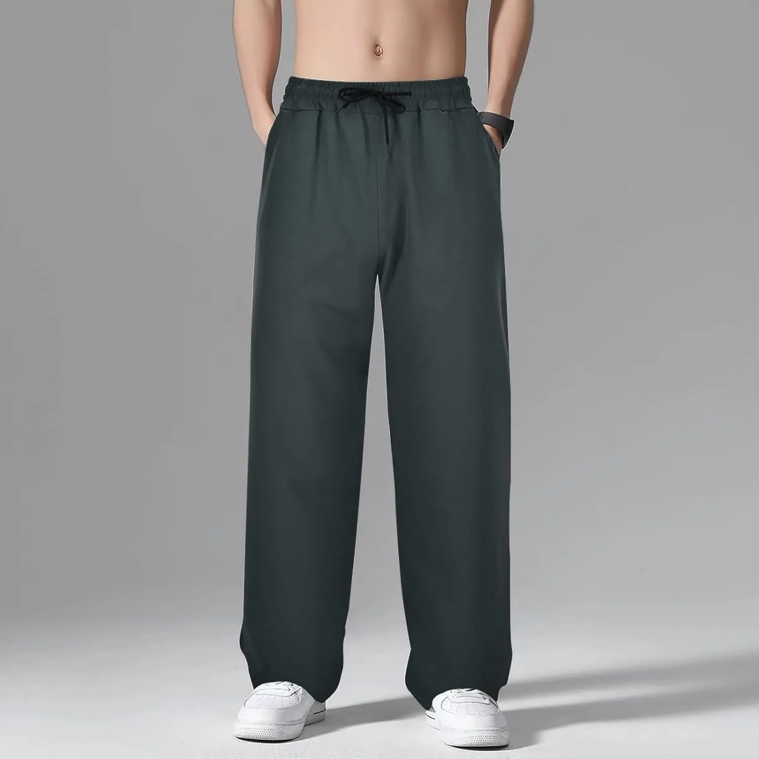 Casual Pants for Men Solid Drawstring Loose Fit Lightweight Straight Leg Pants Summer Comfort Workout Trousers
