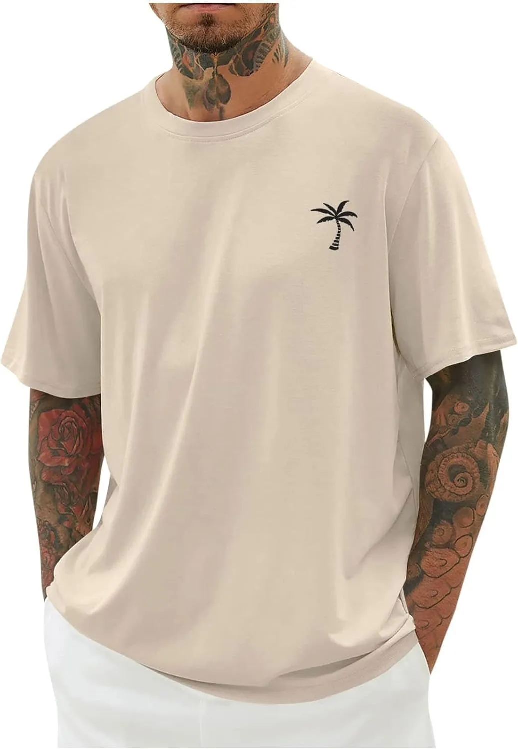 Casual Short Sleeve T-Shirts for Men Regular Fit Crewneck Running Workout Tops Hipster Palmshadow Graphic Summer Tees