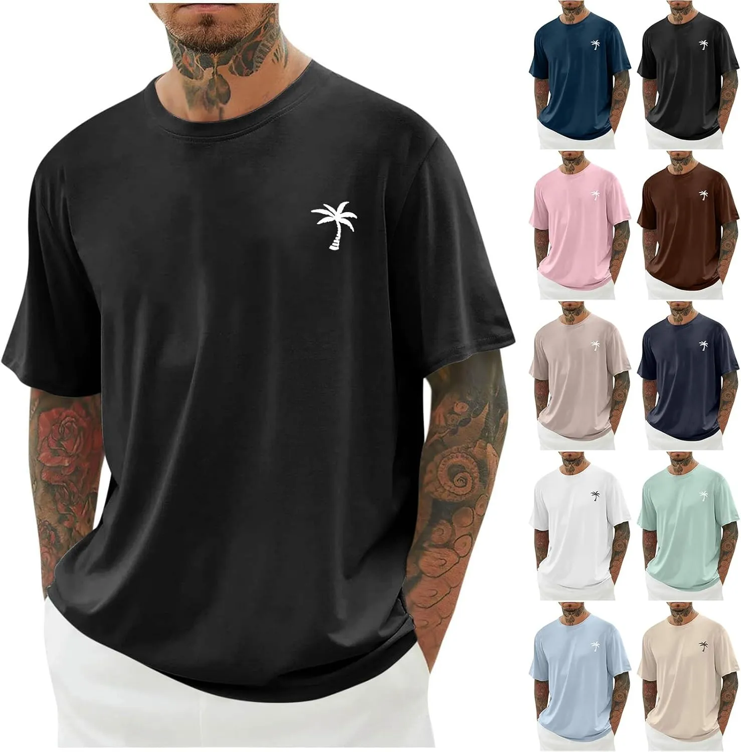 Casual Short Sleeve T-Shirts for Men Regular Fit Crewneck Running Workout Tops Hipster Palmshadow Graphic Summer Tees