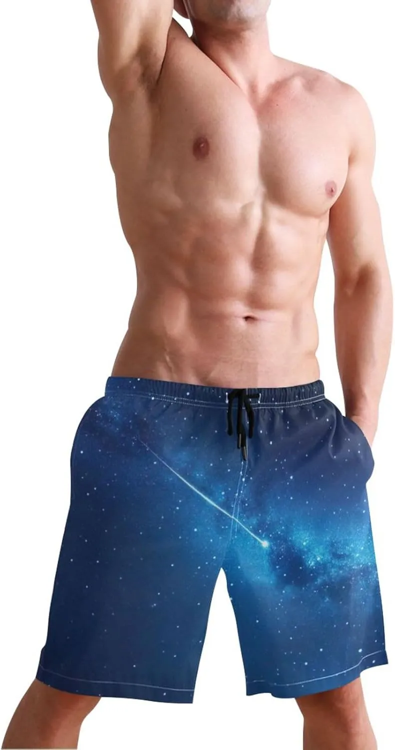 CHIFIGNO Starry Night Blue Mens Swimming Shorts, Small Swim Pants for Men, Swim Pants for Men