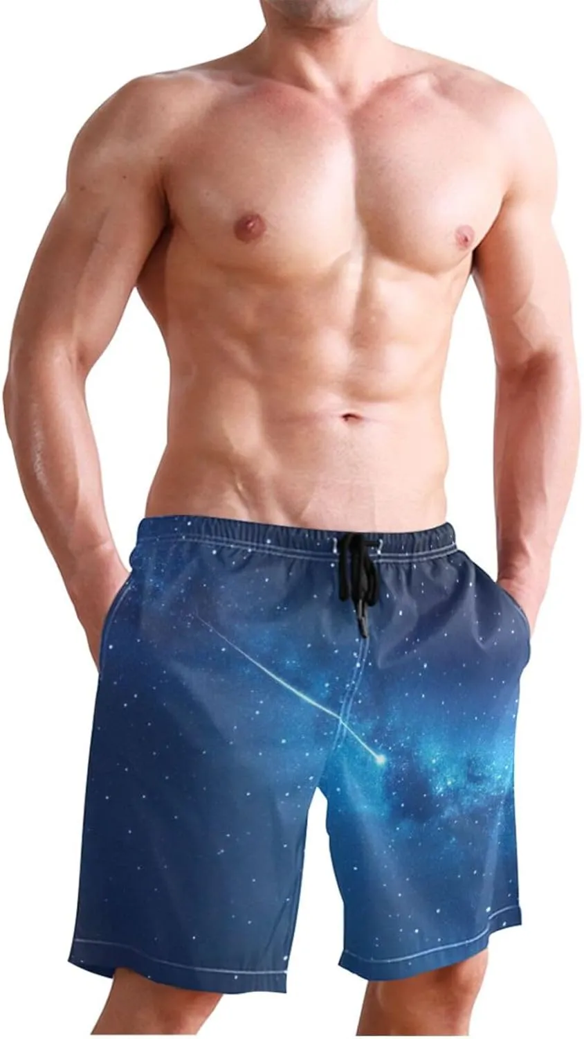 CHIFIGNO Starry Night Blue Mens Swimming Shorts, Small Swim Pants for Men, Swim Pants for Men