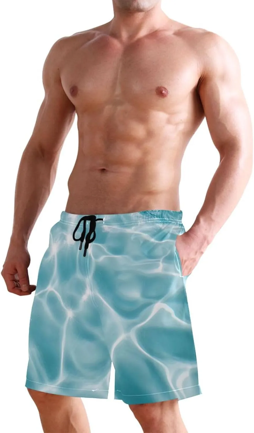 CHIFIGNO Teal Boho Spots Cream Swimming Shorts Men, Small Quick Dry Beach Shorts, Swimshorts for Men