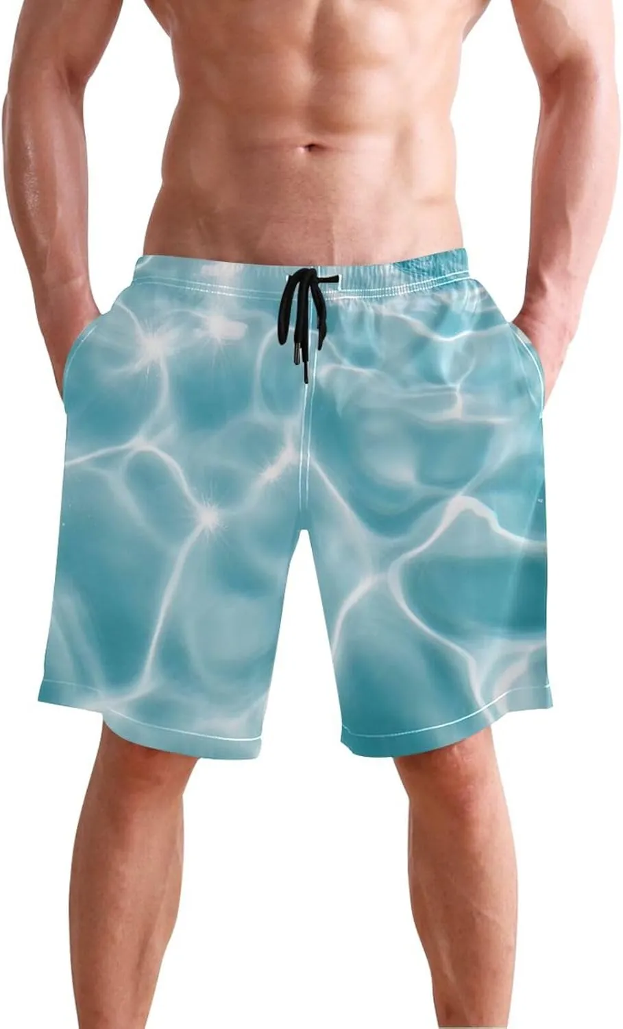 CHIFIGNO Teal Boho Spots Cream Swimming Shorts Men, Small Quick Dry Beach Shorts, Swimshorts for Men