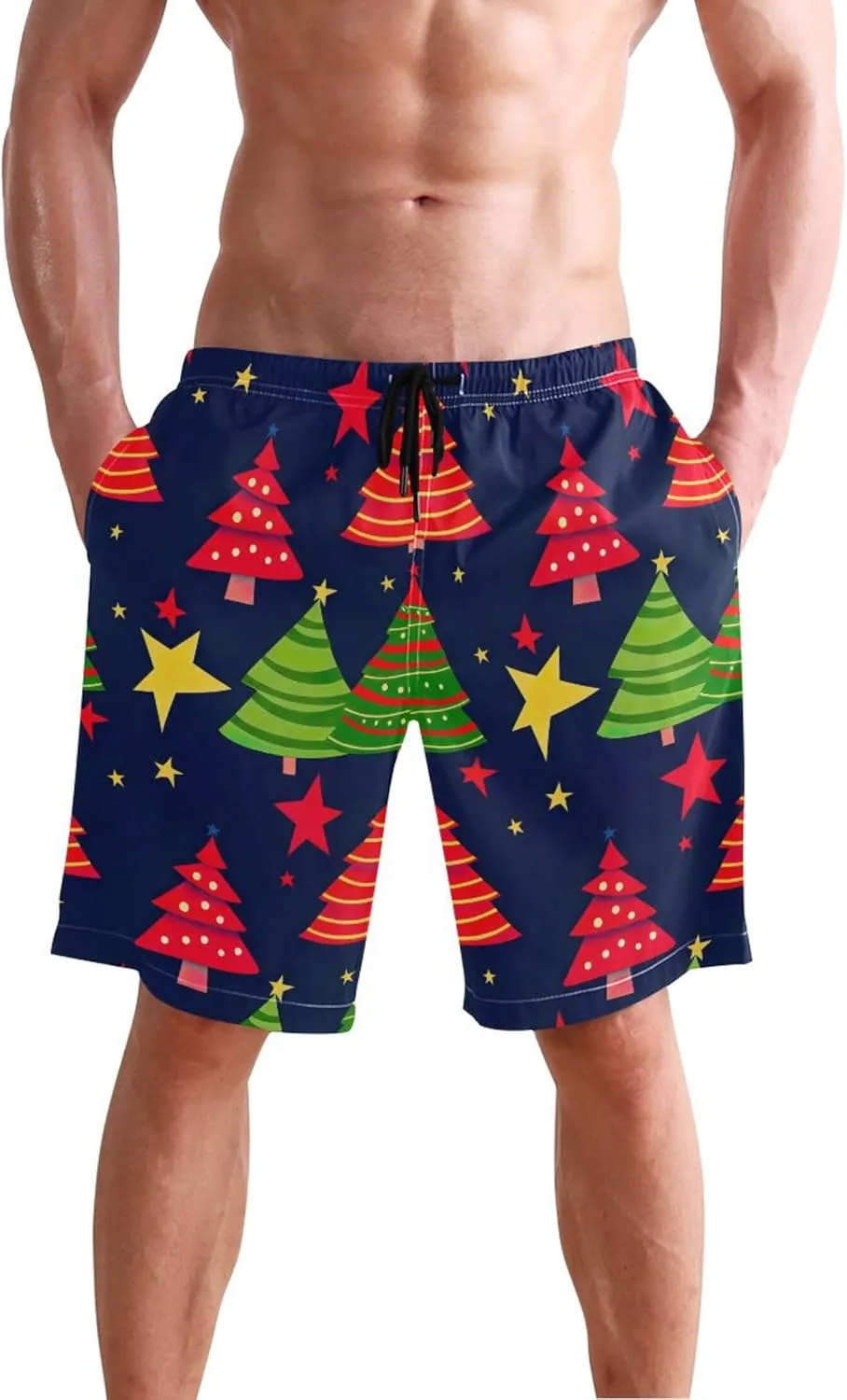 Christmas Tree Star Navy Men Swim Trunks Funny Mens Swimming Shorts Vacation Swimwear Bathing Suit S