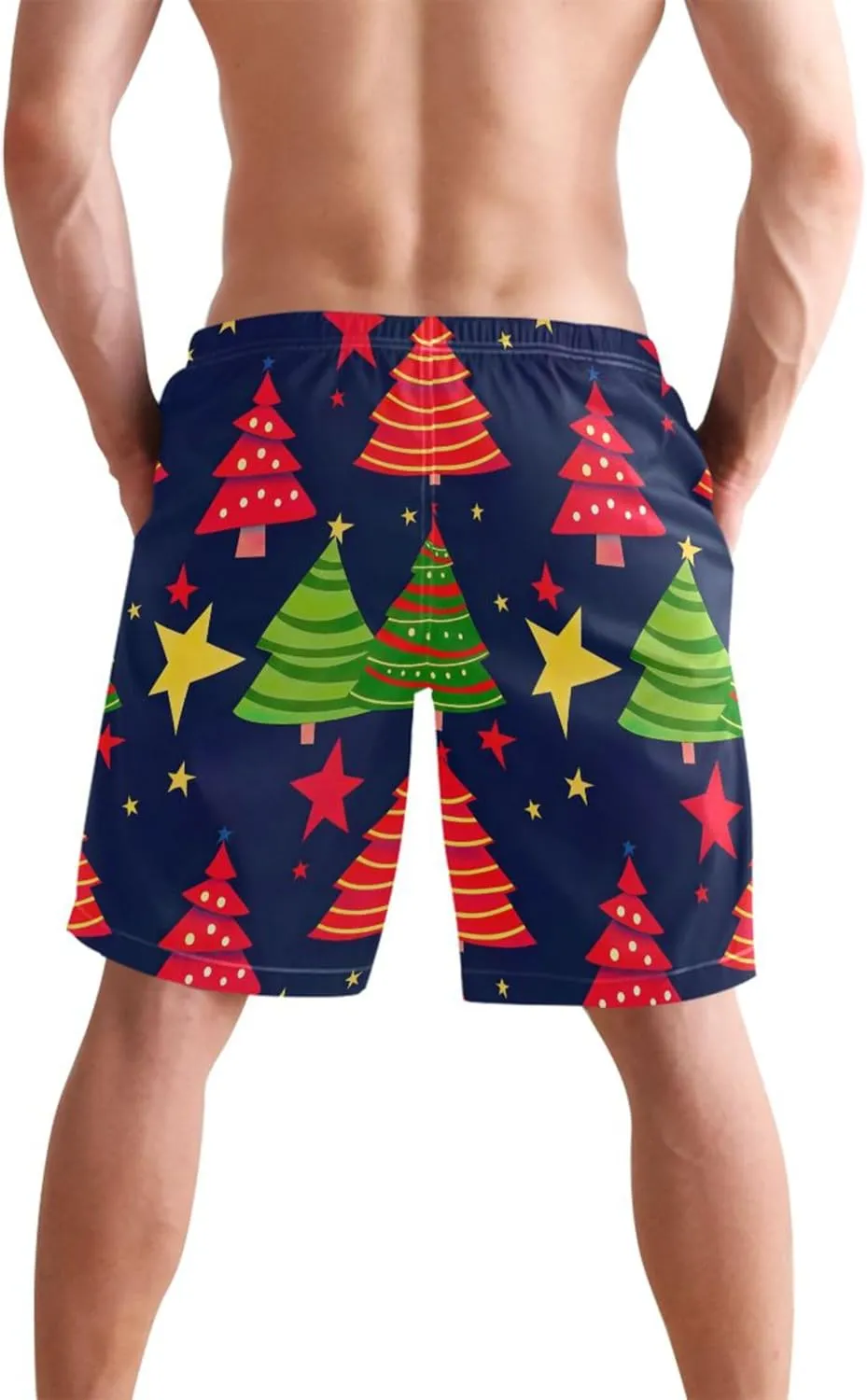 Christmas Tree Star Navy Men Swim Trunks Funny Mens Swimming Shorts Vacation Swimwear Bathing Suit S
