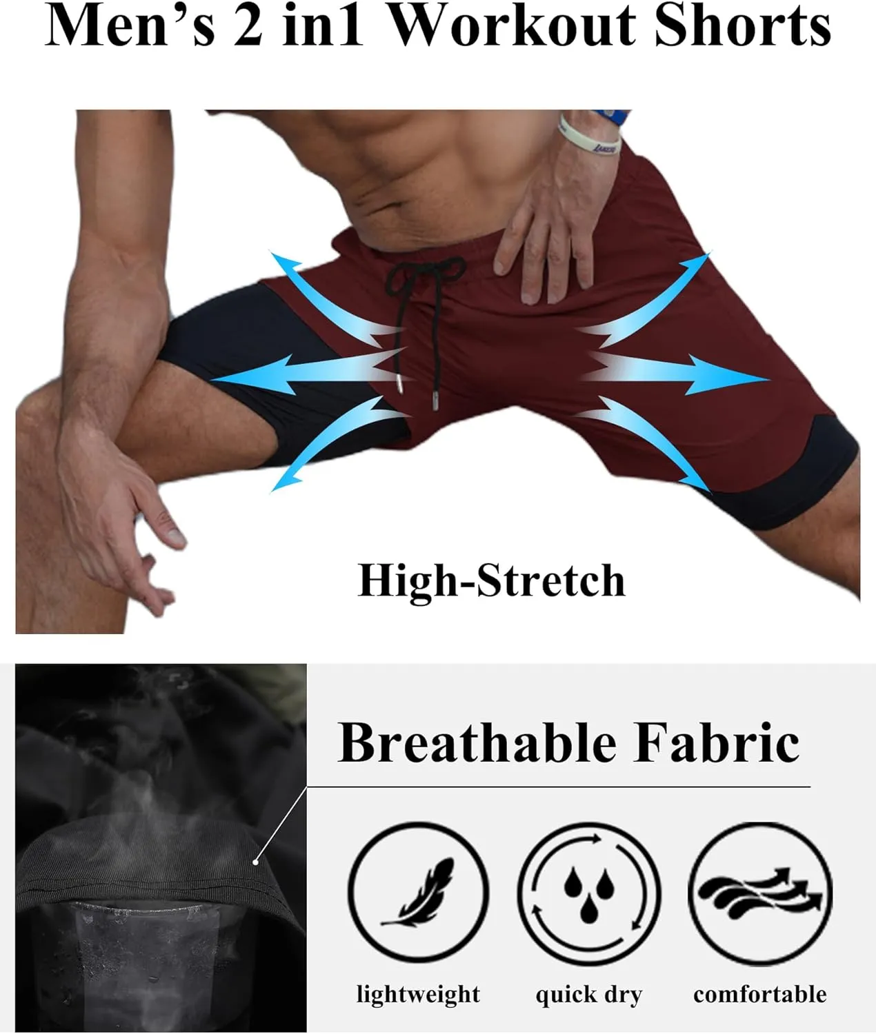 COOFANDY Men's 2 Pack Running Shorts 2 in 1 Workout Shorts Quick Dry Gym Training Athletic Jogger with Phone Pockets