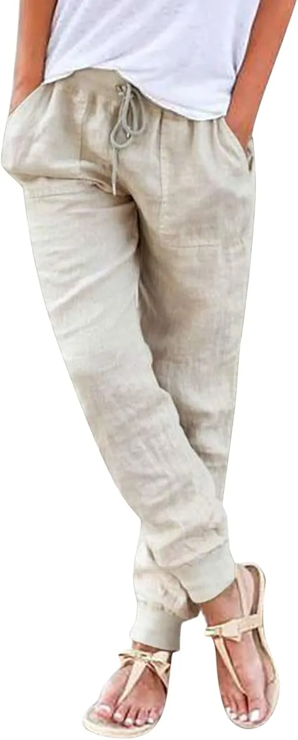 Cotton Linen Capri Pants for Women Casual Summer Loose Drawstring Elastic Waist Pants Casual Trousers with Pockets