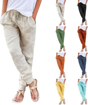 Cotton Linen Capri Pants for Women Casual Summer Loose Drawstring Elastic Waist Pants Casual Trousers with Pockets