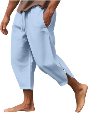 Cotton Linen Capris Pants for Men Drawstring Elastic Waist Side Zipper Casual Pants Athletic Gym Pants with Pocket