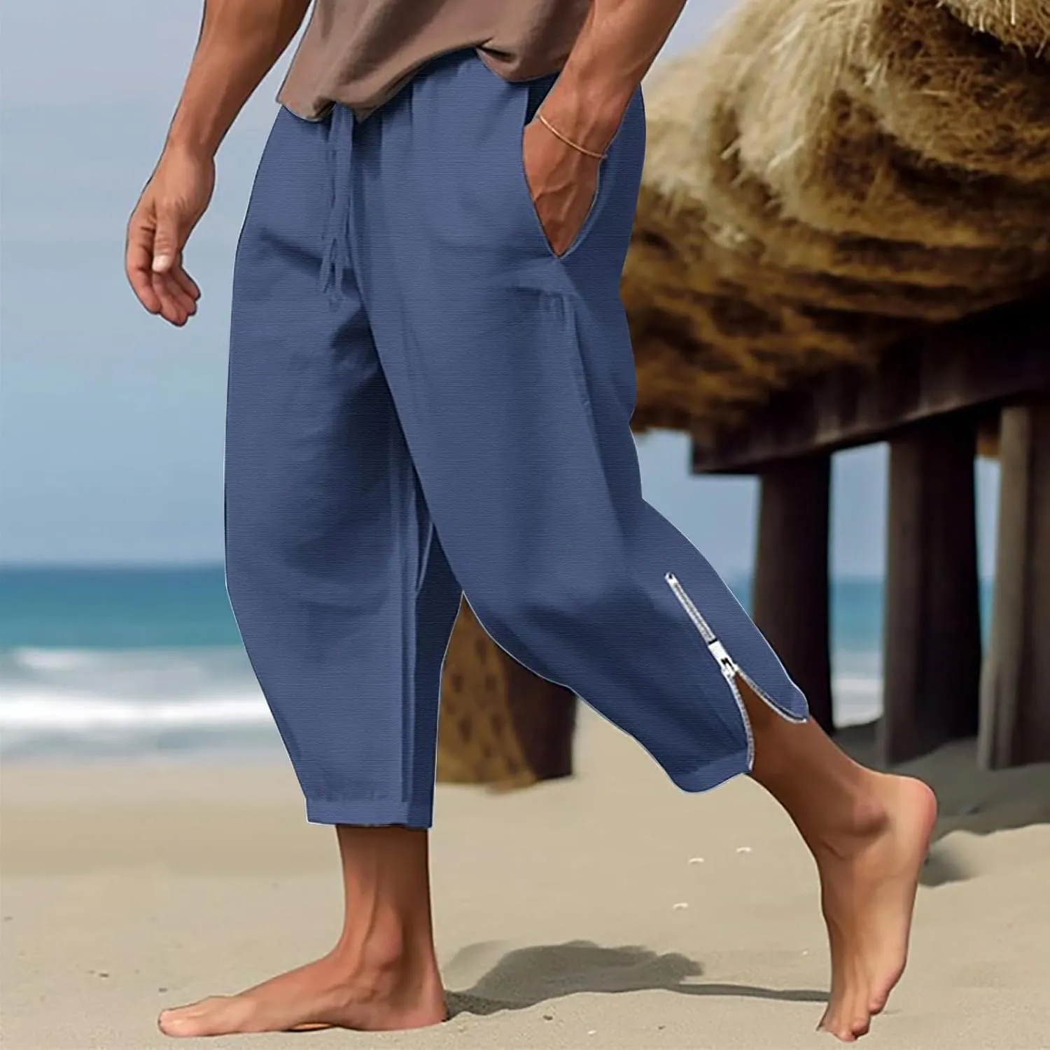 Cotton Linen Capris Pants for Men Drawstring Elastic Waist Side Zipper Casual Pants Athletic Gym Pants with Pocket