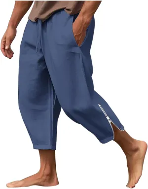 Cotton Linen Capris Pants for Men Drawstring Elastic Waist Side Zipper Casual Pants Athletic Gym Pants with Pocket
