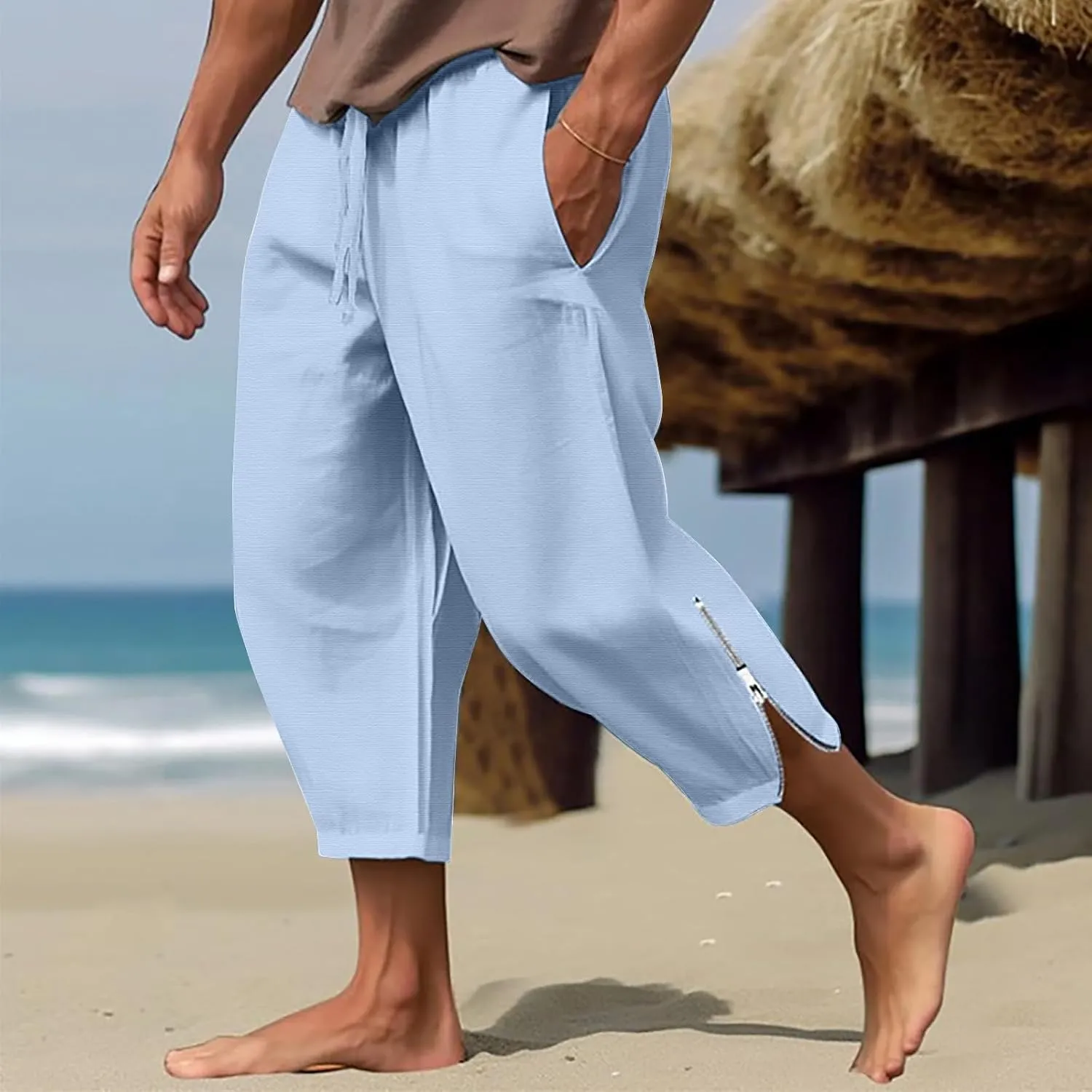 Cotton Linen Capris Pants for Men Drawstring Elastic Waist Side Zipper Casual Pants Athletic Gym Pants with Pocket