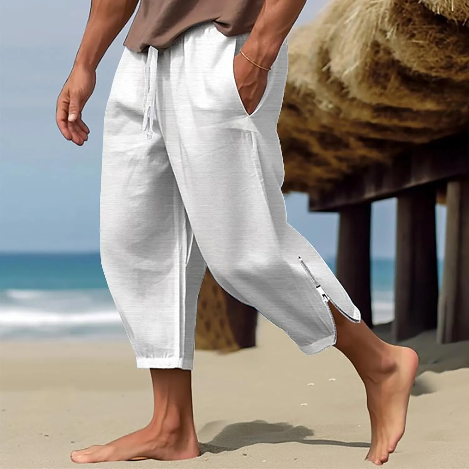 Cotton Linen Capris Pants for Men Drawstring Elastic Waist Side Zipper Casual Pants Athletic Gym Pants with Pocket