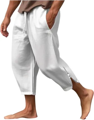 Cotton Linen Capris Pants for Men Drawstring Elastic Waist Side Zipper Casual Pants Athletic Gym Pants with Pocket