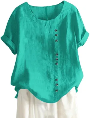 Cotton Linen Tops for Women Short Sleeve Round Neck T Shirts Oversized Embroidery Floral Printed Loose Blouses S-5XL