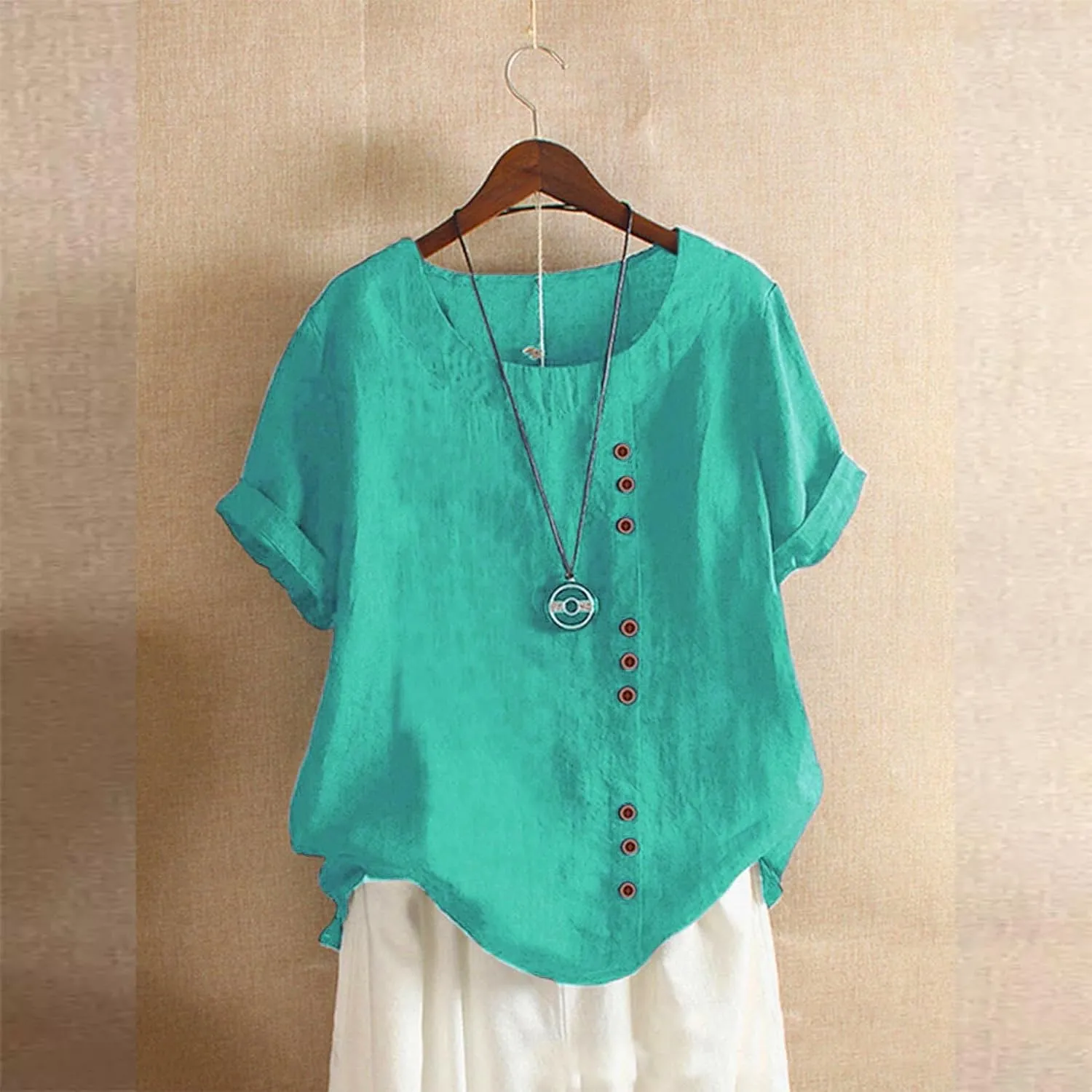Cotton Linen Tops for Women Short Sleeve Round Neck T Shirts Oversized Embroidery Floral Printed Loose Blouses S-5XL