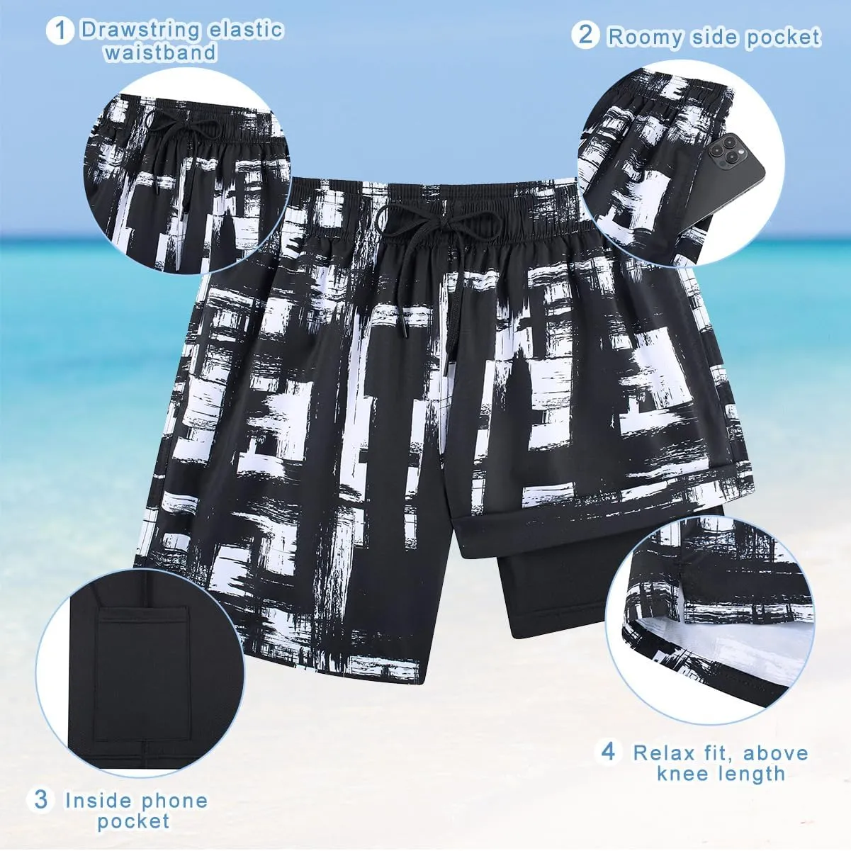 Cozople Mens Swim Trunks with Compression Liner 5.5" Inseam Quick Dry Bathing Suit Lightweight Swimming Shorts