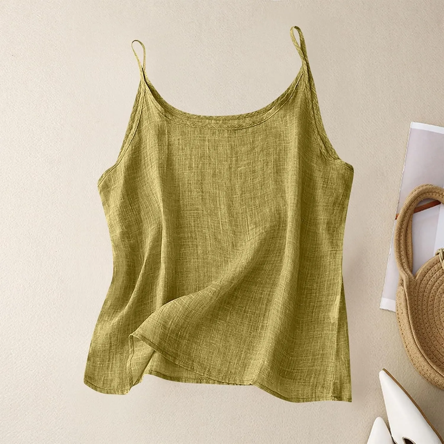 Ctreela Womens Cotton Linen Cami Tank Tops Summer Gauze Layering Camisoles Relaxed Fit Beach Vacation Clothes with Slit