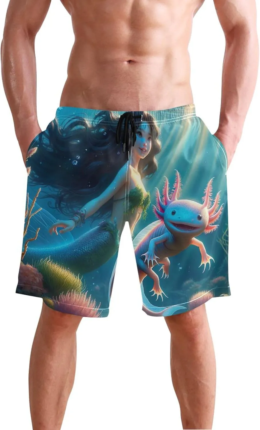 Custom Cute Swim Trunks Men Beautiful Mermaid Cute Axolotl Mens Swimming Shorts Swimwear Bathing Shorts S