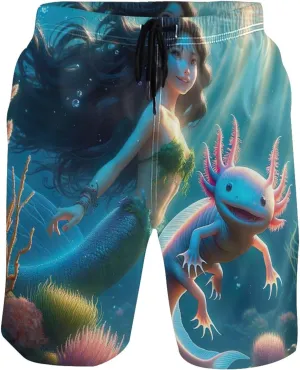 Custom Cute Swim Trunks Men Beautiful Mermaid Cute Axolotl Mens Swimming Shorts Swimwear Bathing Shorts S