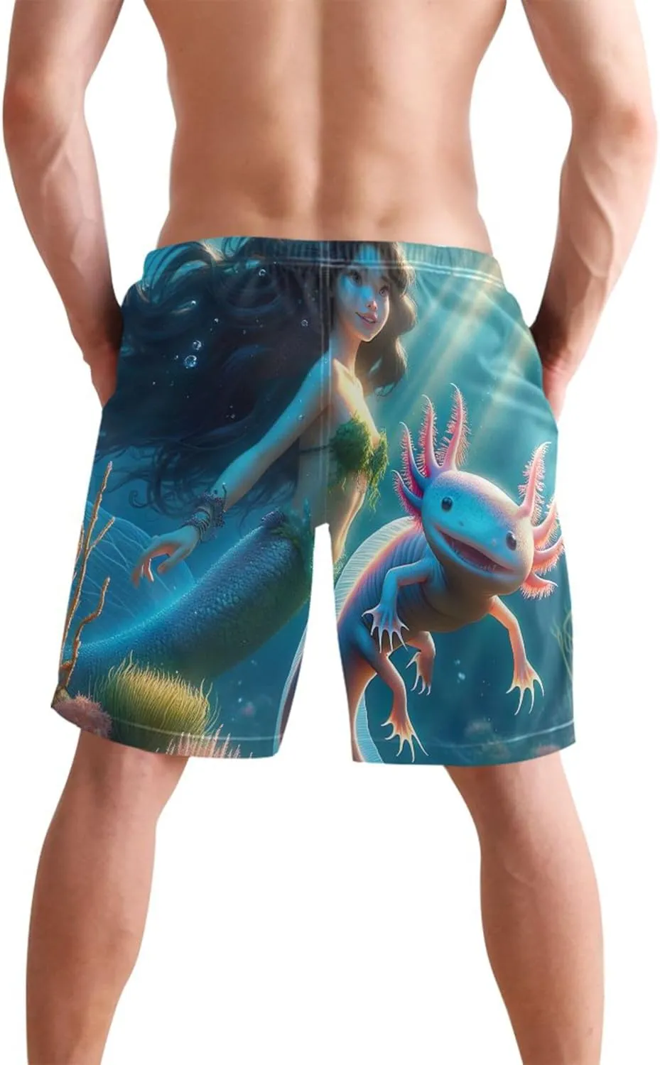 Custom Cute Swim Trunks Men Beautiful Mermaid Cute Axolotl Mens Swimming Shorts Swimwear Bathing Shorts S