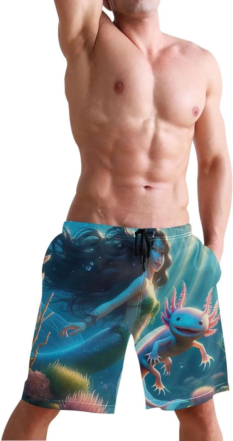 Custom Cute Swim Trunks Men Beautiful Mermaid Cute Axolotl Mens Swimming Shorts Swimwear Bathing Shorts S