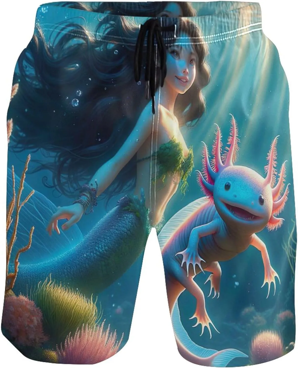 Custom Cute Swim Trunks Men Beautiful Mermaid Cute Axolotl Mens Swimming Shorts Swimwear Bathing Shorts S
