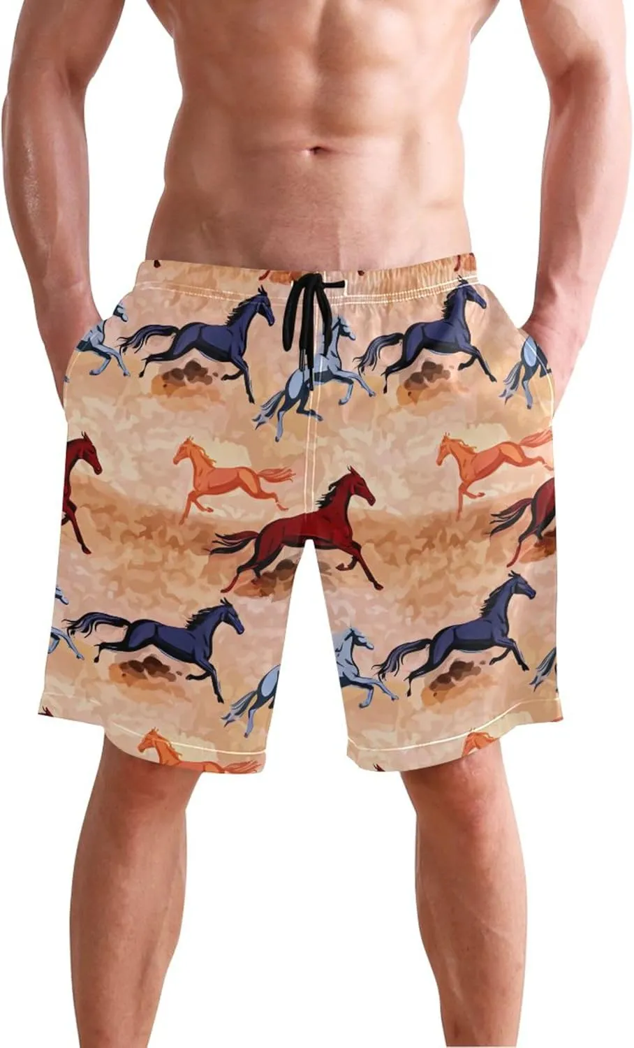 Custom Cute Swim Trunks Men Colorful Galloping Horses Board Swimming Shorts Quick Dry Bathing Suit S