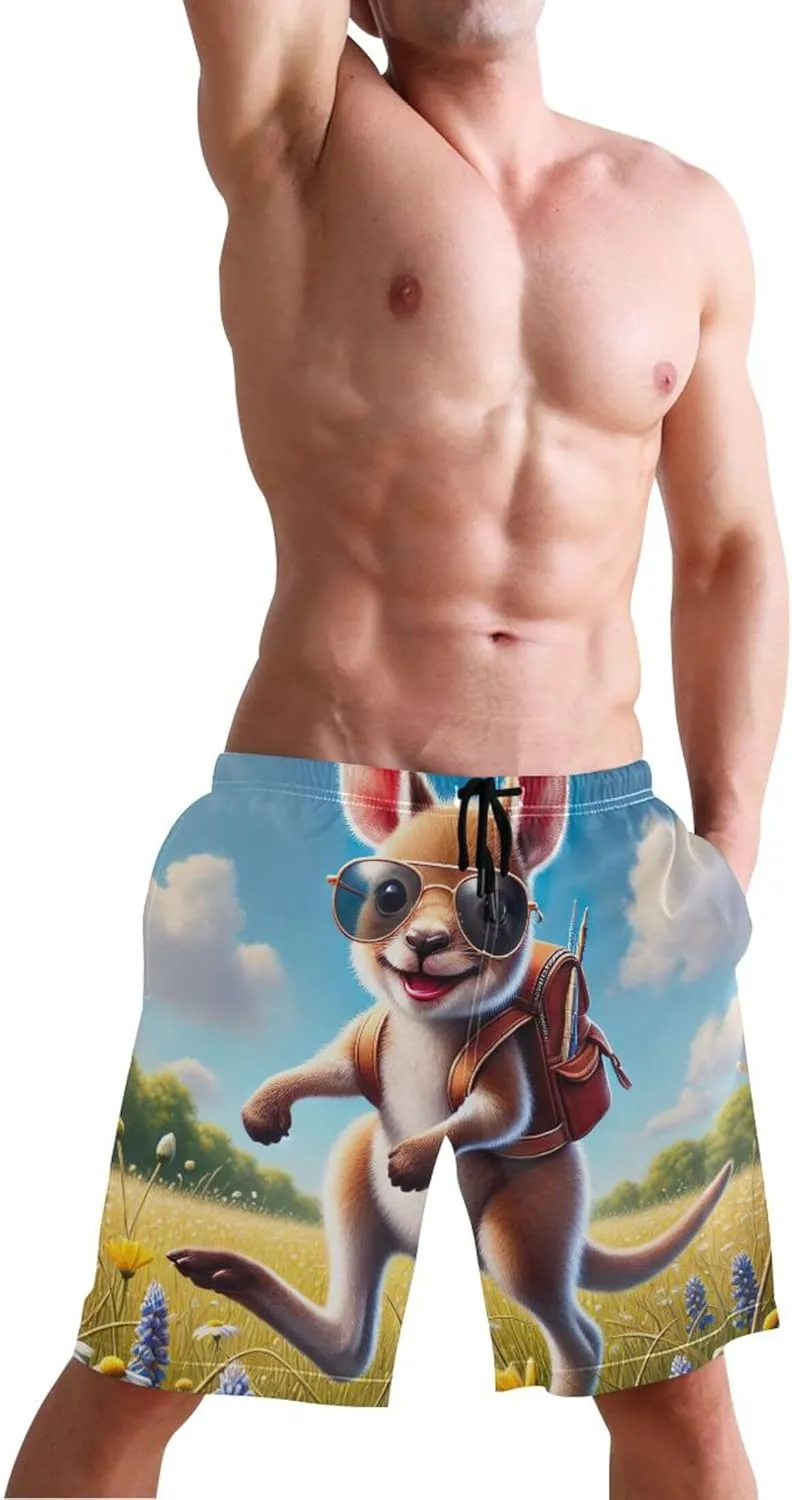 Custom Mens Swim Trunks Funny Cute Hiking Kangaroo Outdoor Beach Swimming Shorts Quick Dry Swimwear S