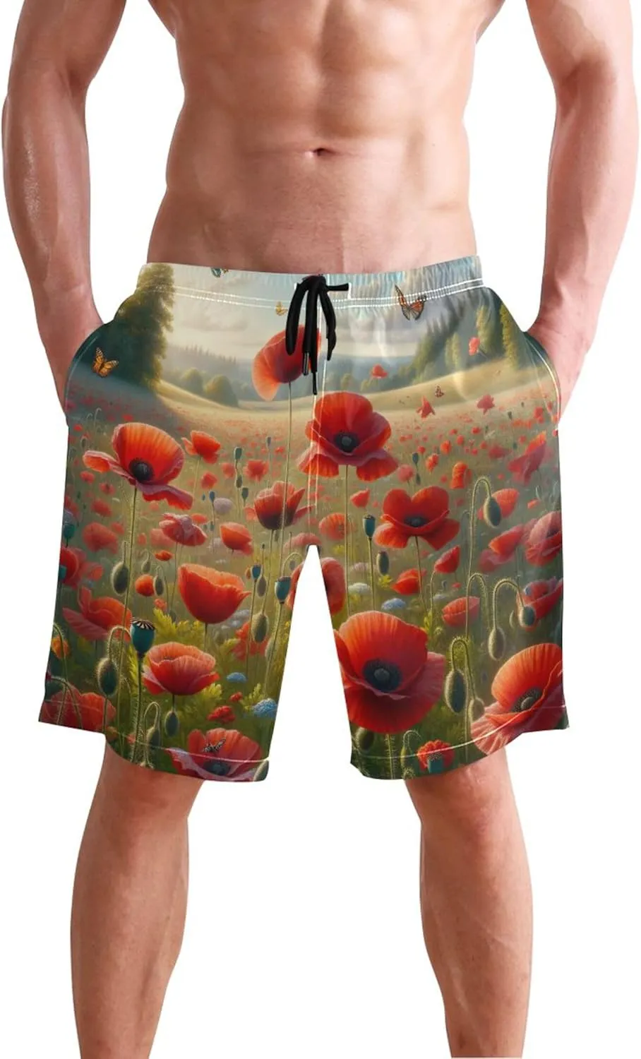 Custom Swim Trunks for Men Poppy Flowers Floral Mens Swimming Shorts Swimwear Bathing Suits S