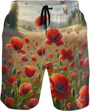 Custom Swim Trunks for Men Poppy Flowers Floral Mens Swimming Shorts Swimwear Bathing Suits S