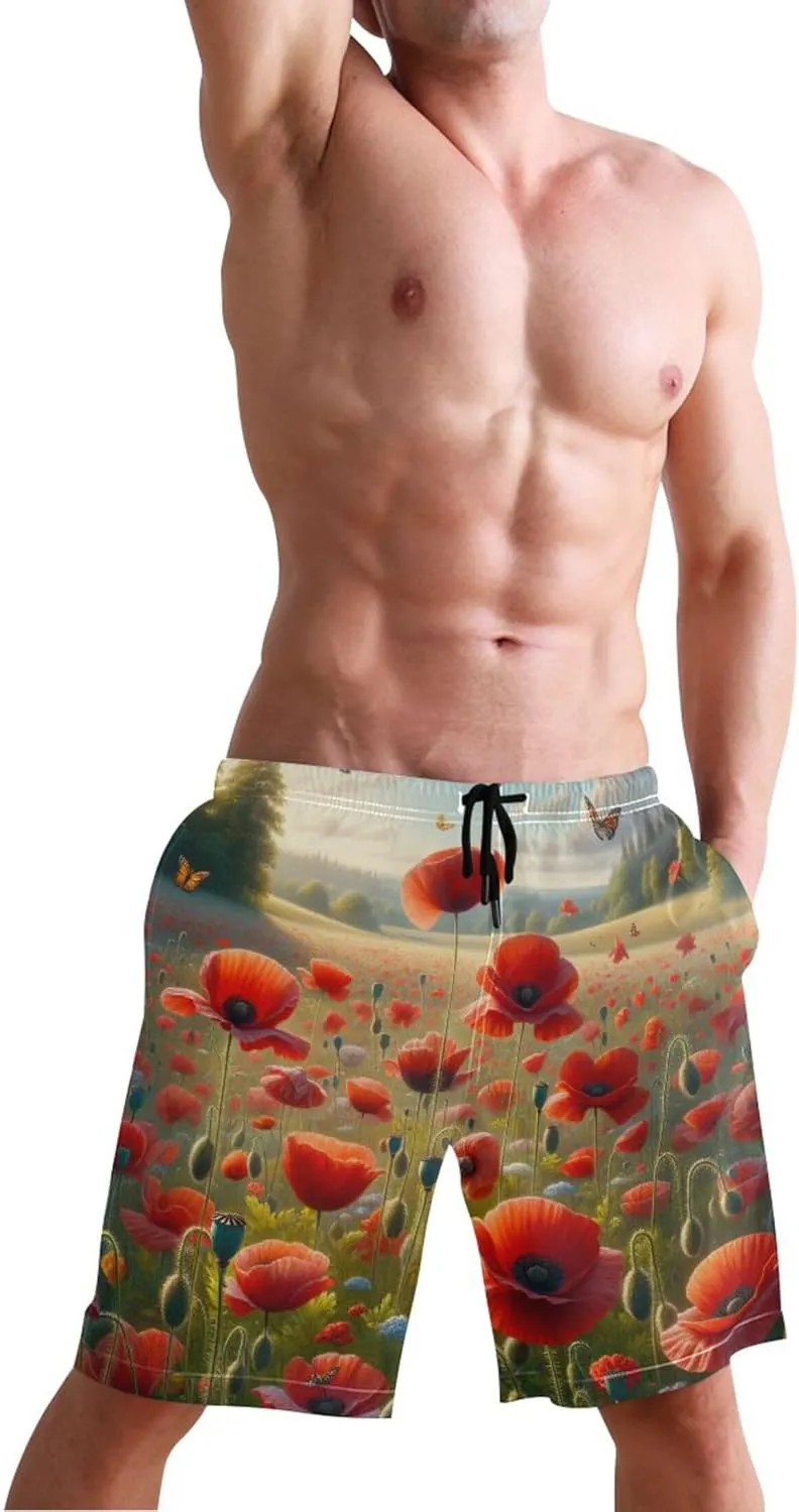 Custom Swim Trunks for Men Poppy Flowers Floral Mens Swimming Shorts Swimwear Bathing Suits S