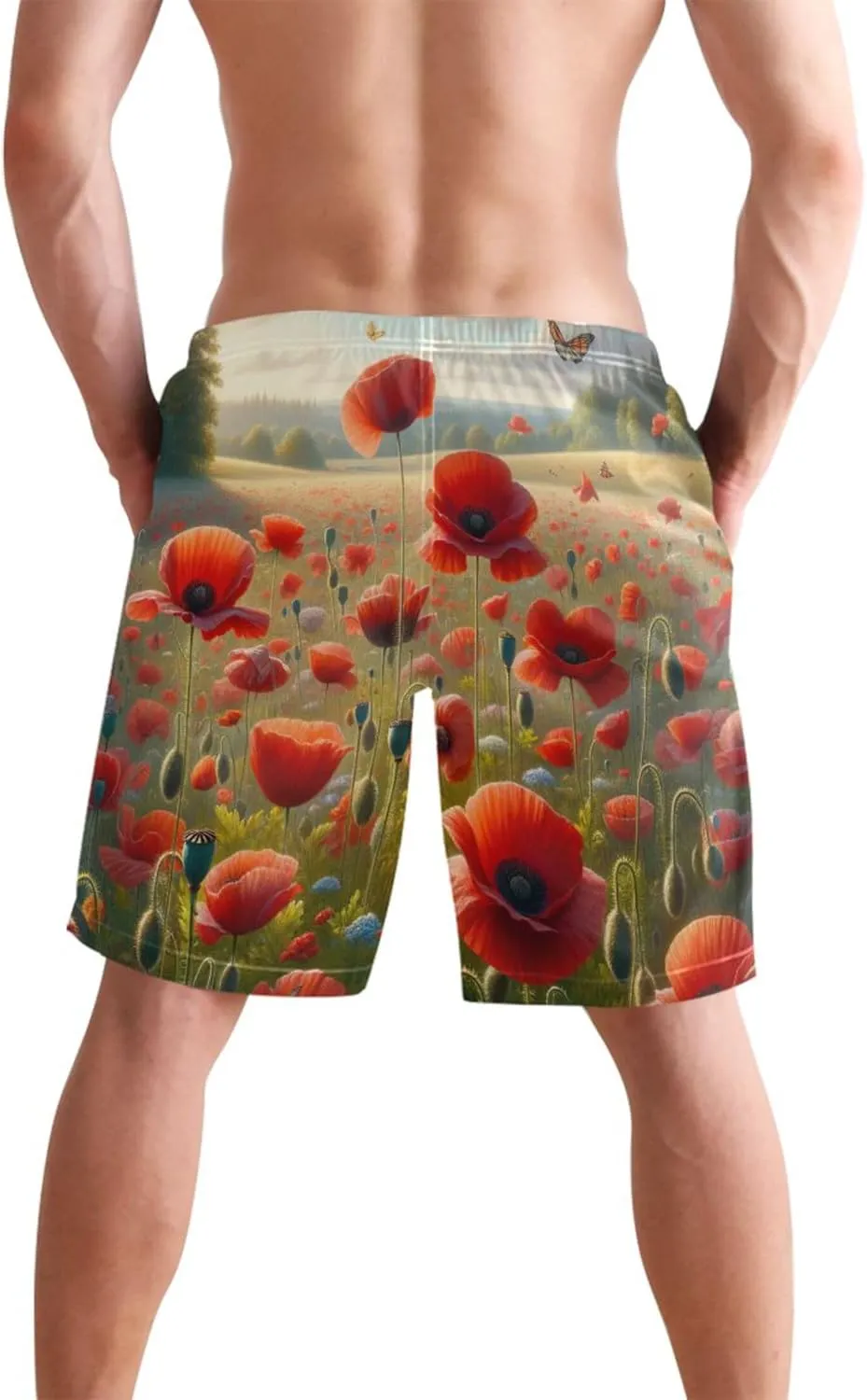Custom Swim Trunks for Men Poppy Flowers Floral Mens Swimming Shorts Swimwear Bathing Suits S