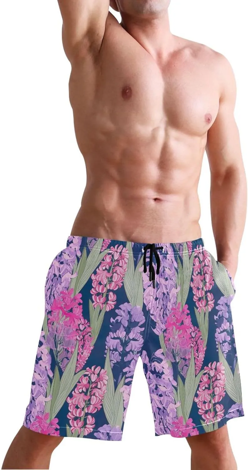 Custom Swim Trunks Men Cute Hyacinth Flowers Spring Floral Mens Swimming Shorts Swimwear Bathing Suits S
