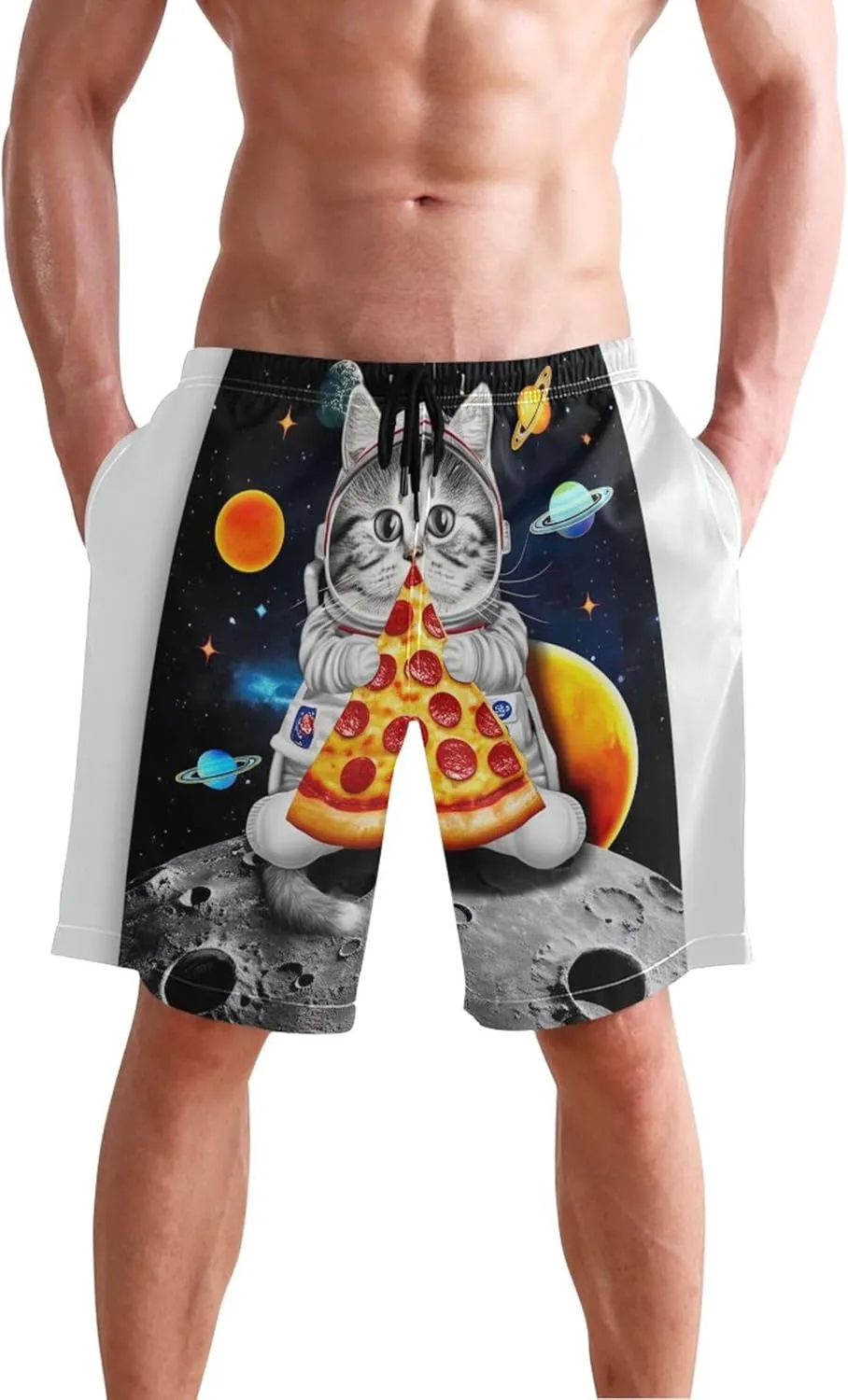 Cute Cat Astronaut Men's Swim Trunks Funny Bathing Shorts Quick Dry Surf Swimming Shorts Beach S
