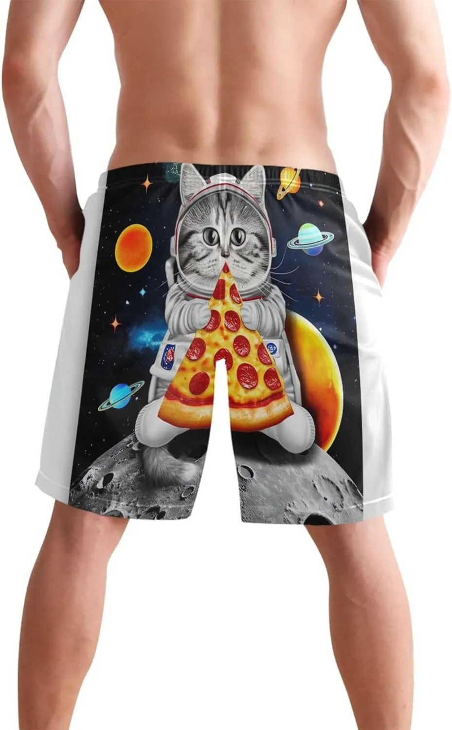 Cute Cat Astronaut Men's Swim Trunks Funny Bathing Shorts Quick Dry Surf Swimming Shorts Beach S