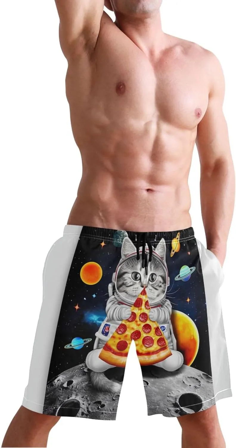 Cute Cat Astronaut Men's Swim Trunks Funny Bathing Shorts Quick Dry Surf Swimming Shorts Beach S