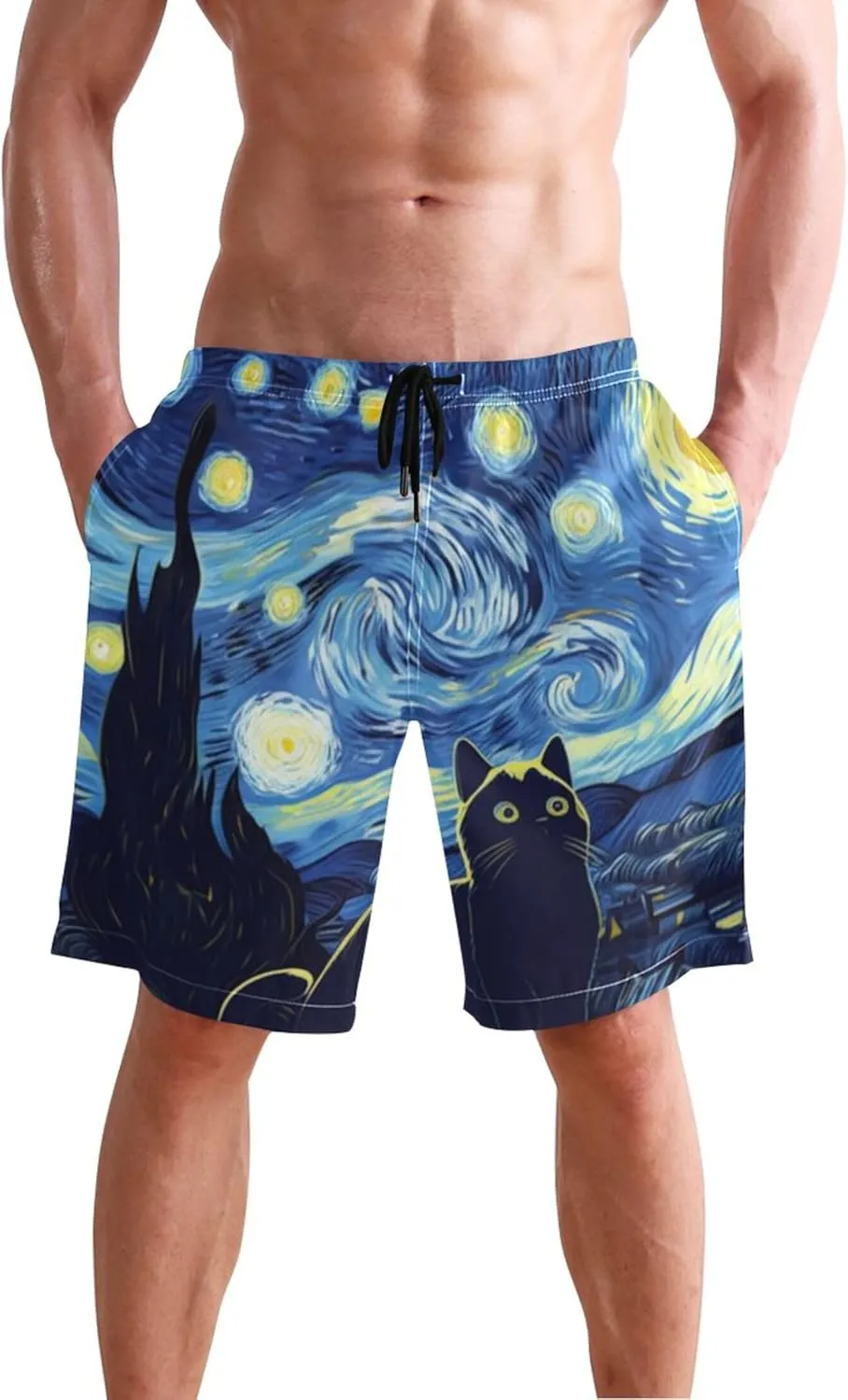 Cute Cat Starry Night Swim Trunks for Men Swimming Shorts Beach Vacation Bathing Suits Swimwear S