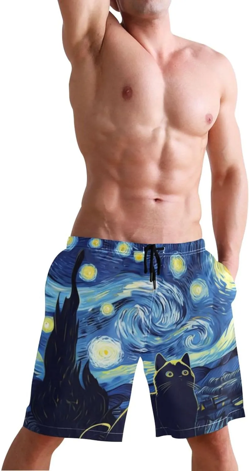 Cute Cat Starry Night Swim Trunks for Men Swimming Shorts Beach Vacation Bathing Suits Swimwear S