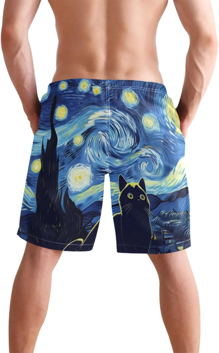 Cute Cat Starry Night Swim Trunks for Men Swimming Shorts Beach Vacation Bathing Suits Swimwear S