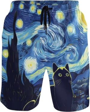 Cute Cat Starry Night Swim Trunks for Men Swimming Shorts Beach Vacation Bathing Suits Swimwear S