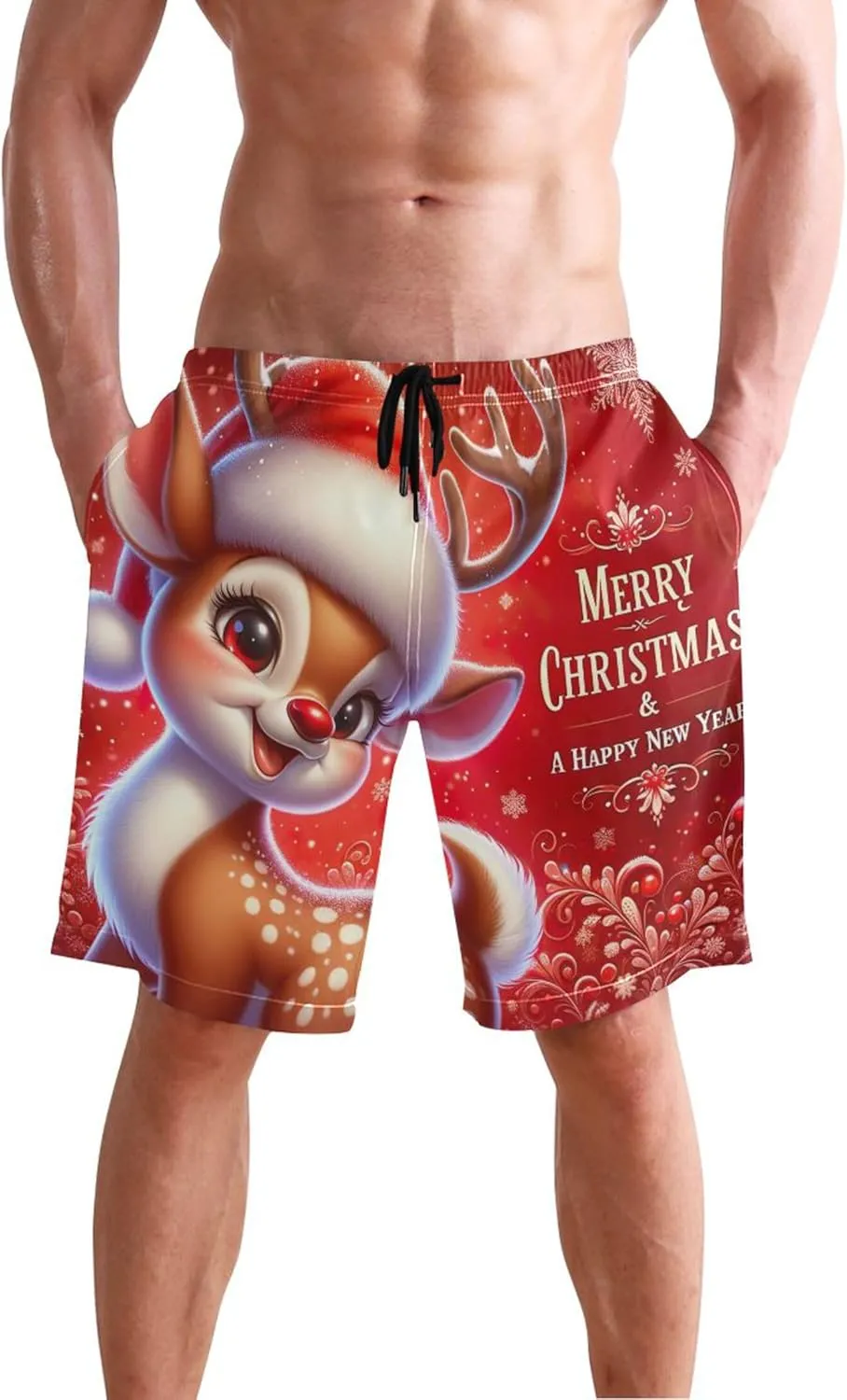 Cute Christmas Reindeer Red Swim Trunks for Men Board Swimming Shorts Vacation Swimwear Bathing Suit S