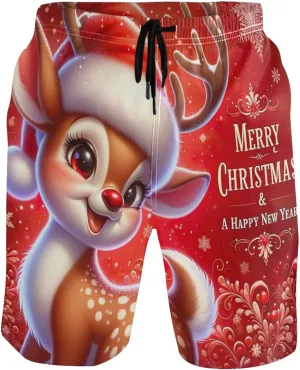 Cute Christmas Reindeer Red Swim Trunks for Men Board Swimming Shorts Vacation Swimwear Bathing Suit S