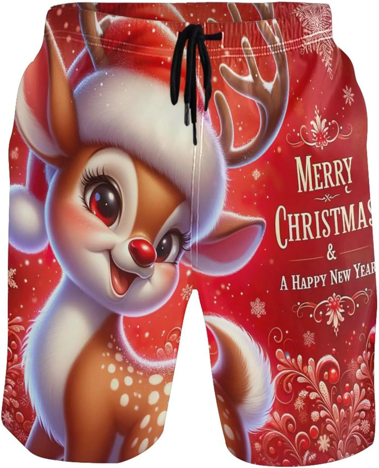 Cute Christmas Reindeer Red Swim Trunks for Men Board Swimming Shorts Vacation Swimwear Bathing Suit S