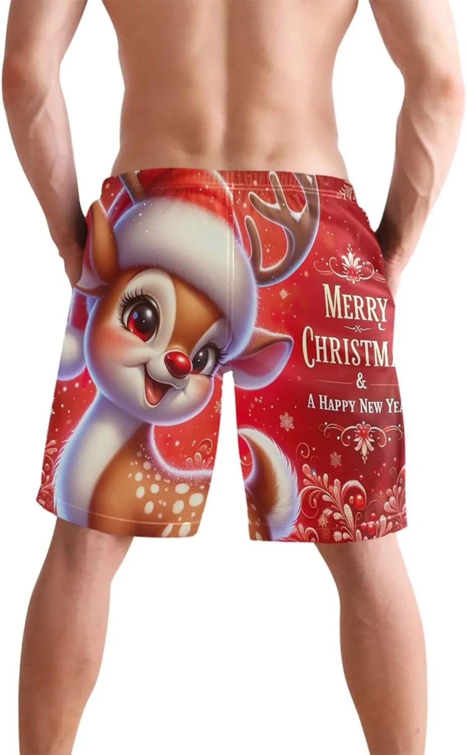 Cute Christmas Reindeer Red Swim Trunks for Men Board Swimming Shorts Vacation Swimwear Bathing Suit S