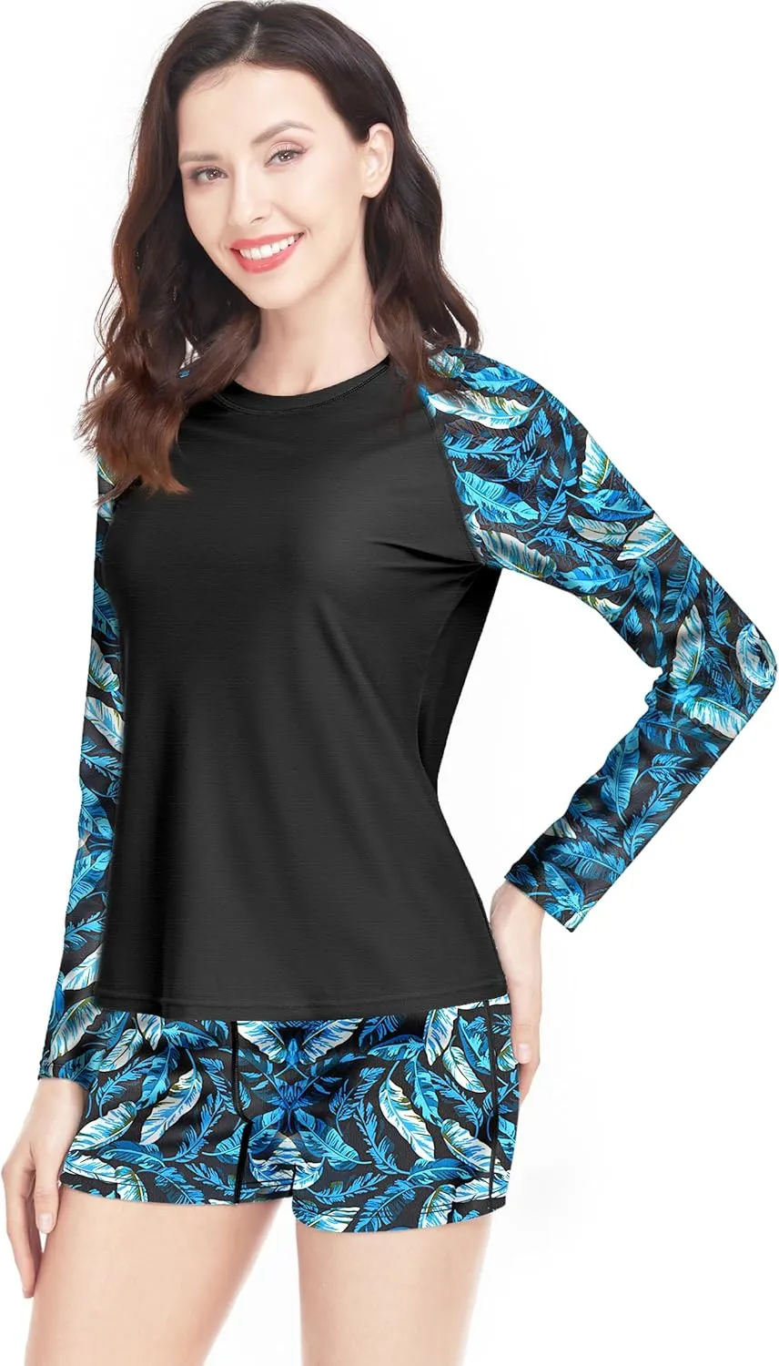 Davena Women 2 Piece Long Sleeve Rash Guard with Built in Bra Swimsuits UPF 50  Swim Shirt with Boyshort Bottom