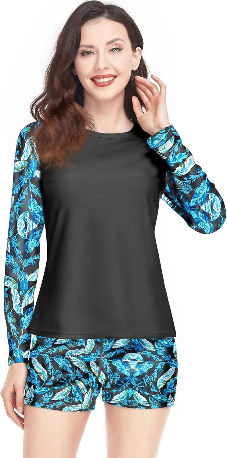Davena Women 2 Piece Long Sleeve Rash Guard with Built in Bra Swimsuits UPF 50  Swim Shirt with Boyshort Bottom