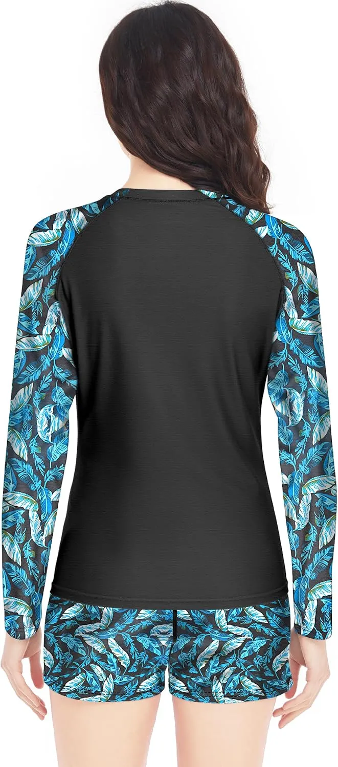Davena Women 2 Piece Long Sleeve Rash Guard with Built in Bra Swimsuits UPF 50  Swim Shirt with Boyshort Bottom