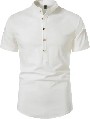 DGHM-JLMY Men's Beach Wedding Shirts Casual Hippie Shirts Collarless Summer Linen Button Shirt Henley Neck Short Sleeve Shirt